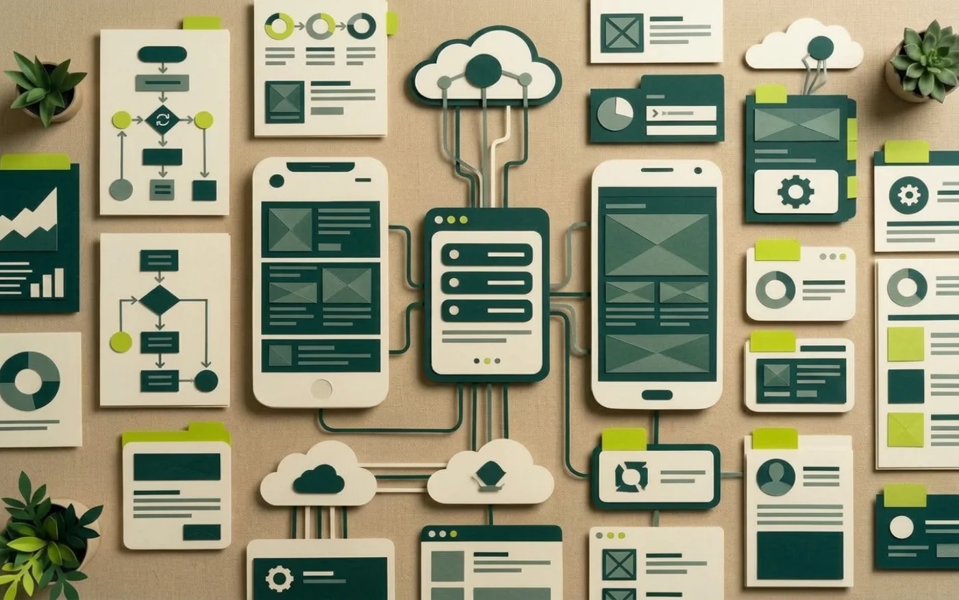 Paper-crafted model of two phones, iOS and Android, over a single backend