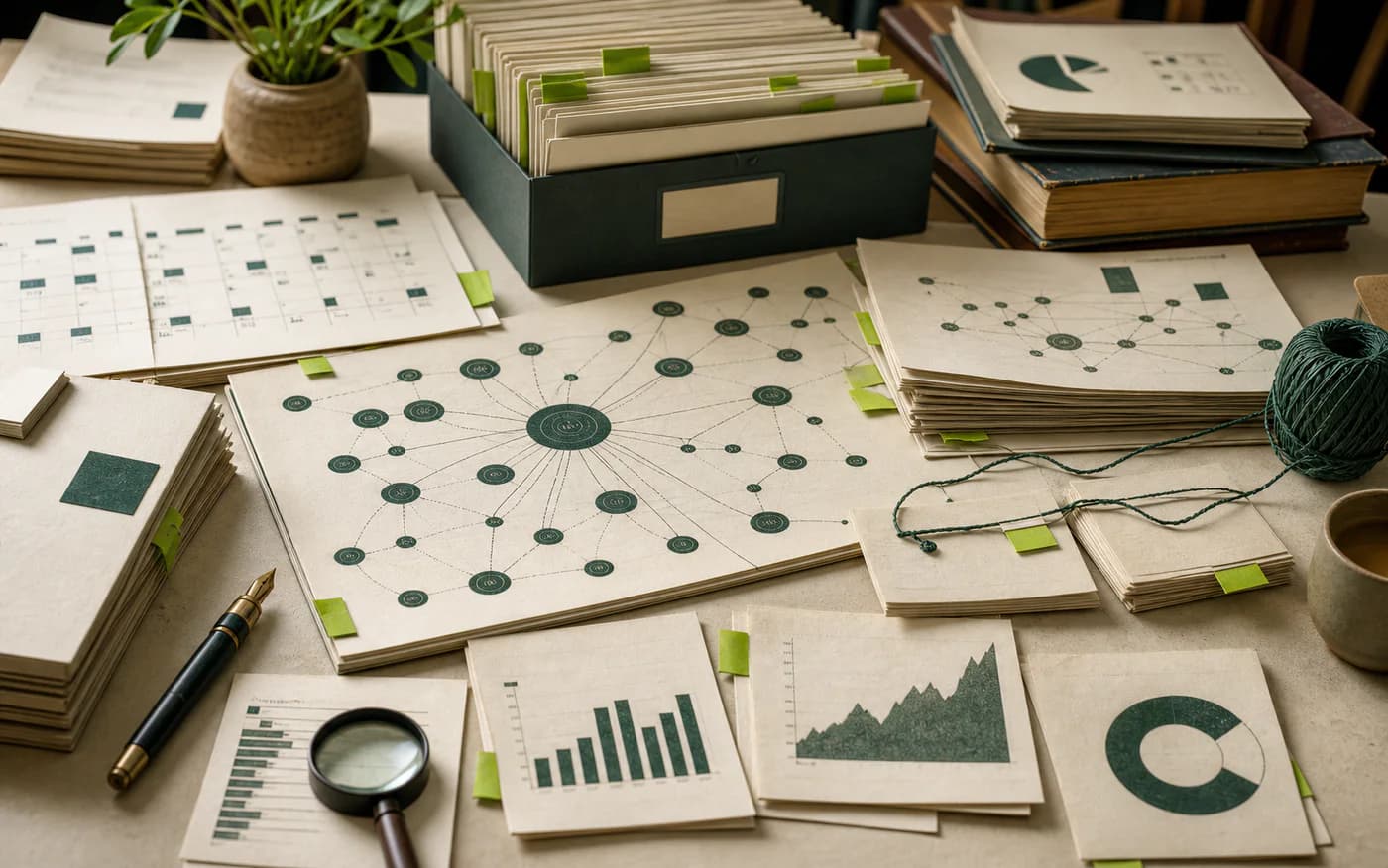 SEO content archive with calendar, connected topics, and growth charts