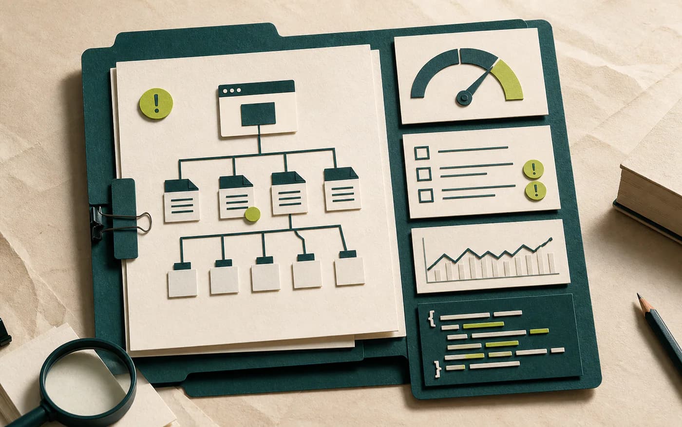 Technical SEO audit folder with site map, speed, and issue checks