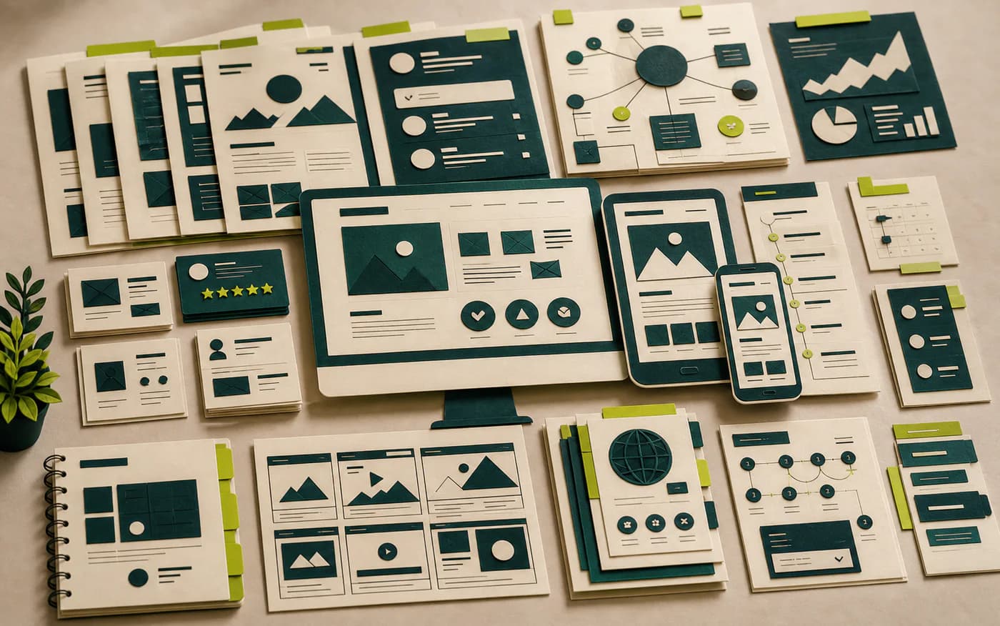 Full paper-crafted website ecosystem with pages, content, video, and analytics