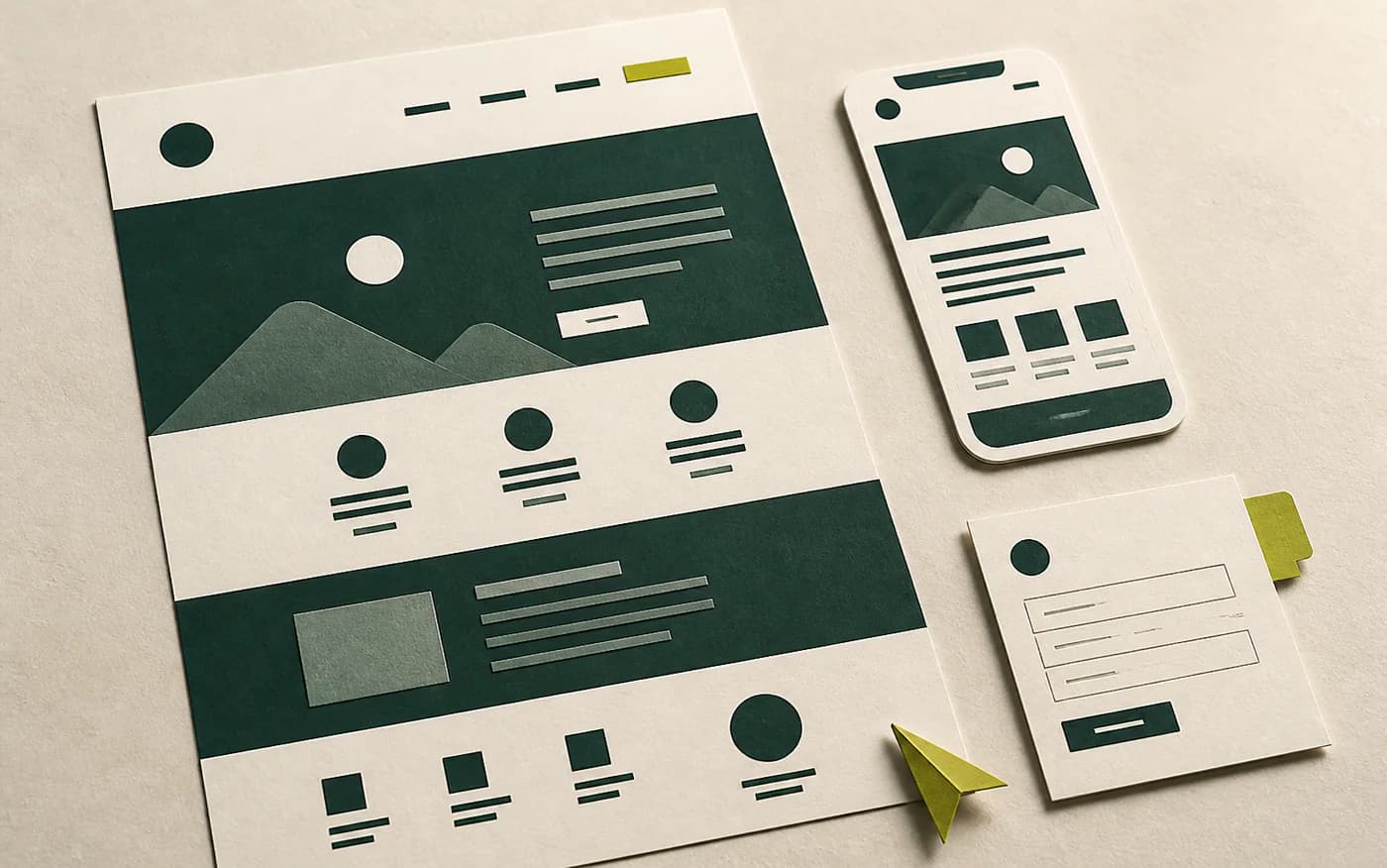 Paper-crafted model of a landing page and contact form