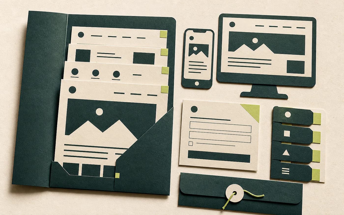 Paper folder with several pages, desktop and phone views