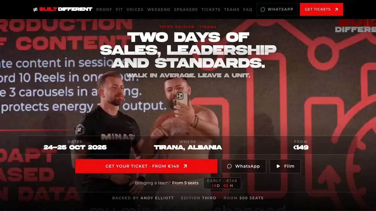 Built Different 3.0 website landing page with stage footage, the event dates and the ticket call to action