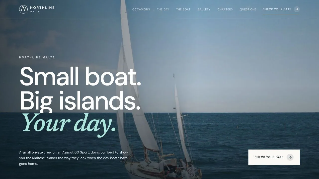 Northline Malta charter website landing page over a sailing scene