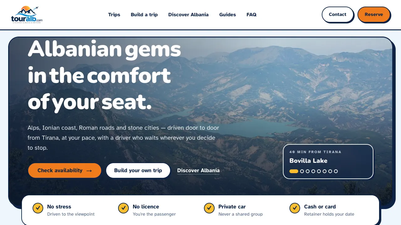 Tour Alb website hero, Albanian gems in the comfort of your seat, over Bovilla Lake with the check availability button